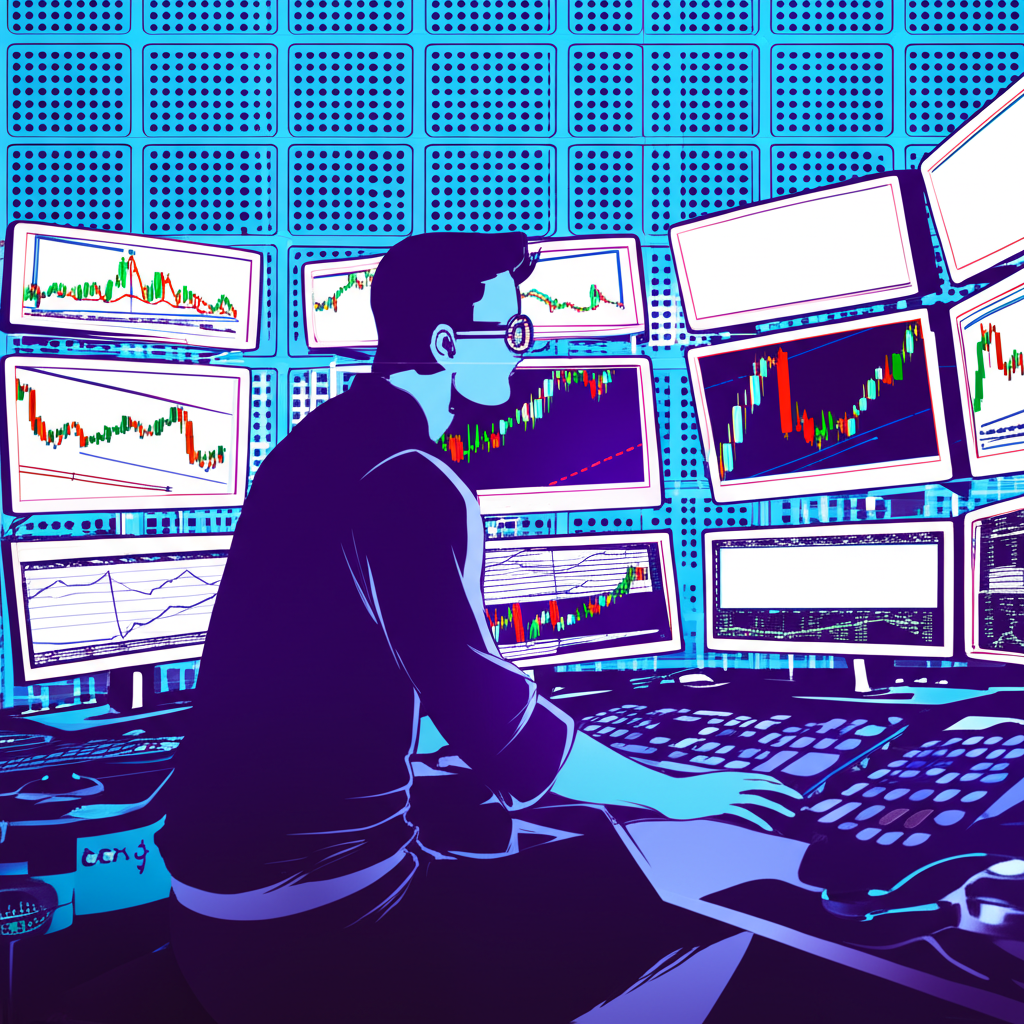 illustration of a trader looking at multiple screens with candlestick charts technical indicators and trendlines