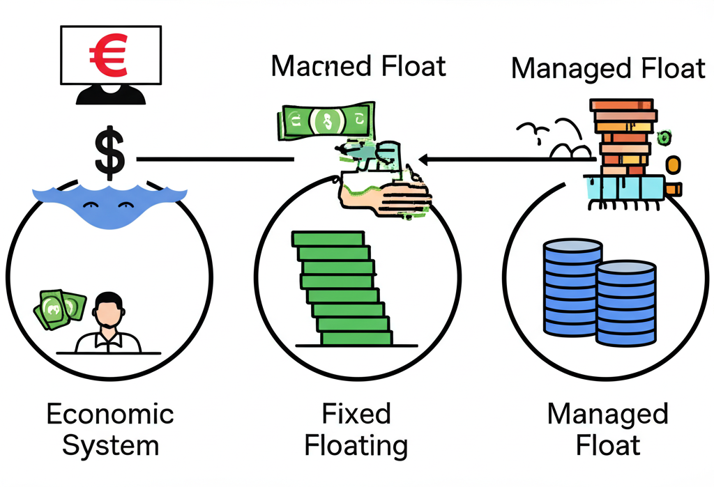 Illustration showing three distinct economic systems: fixed, floating, and managed float exchange rate regimes