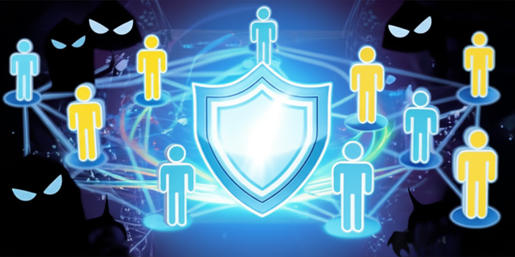 illustration of people connected by technology with cyber threats lurking and a shield protecting personal data