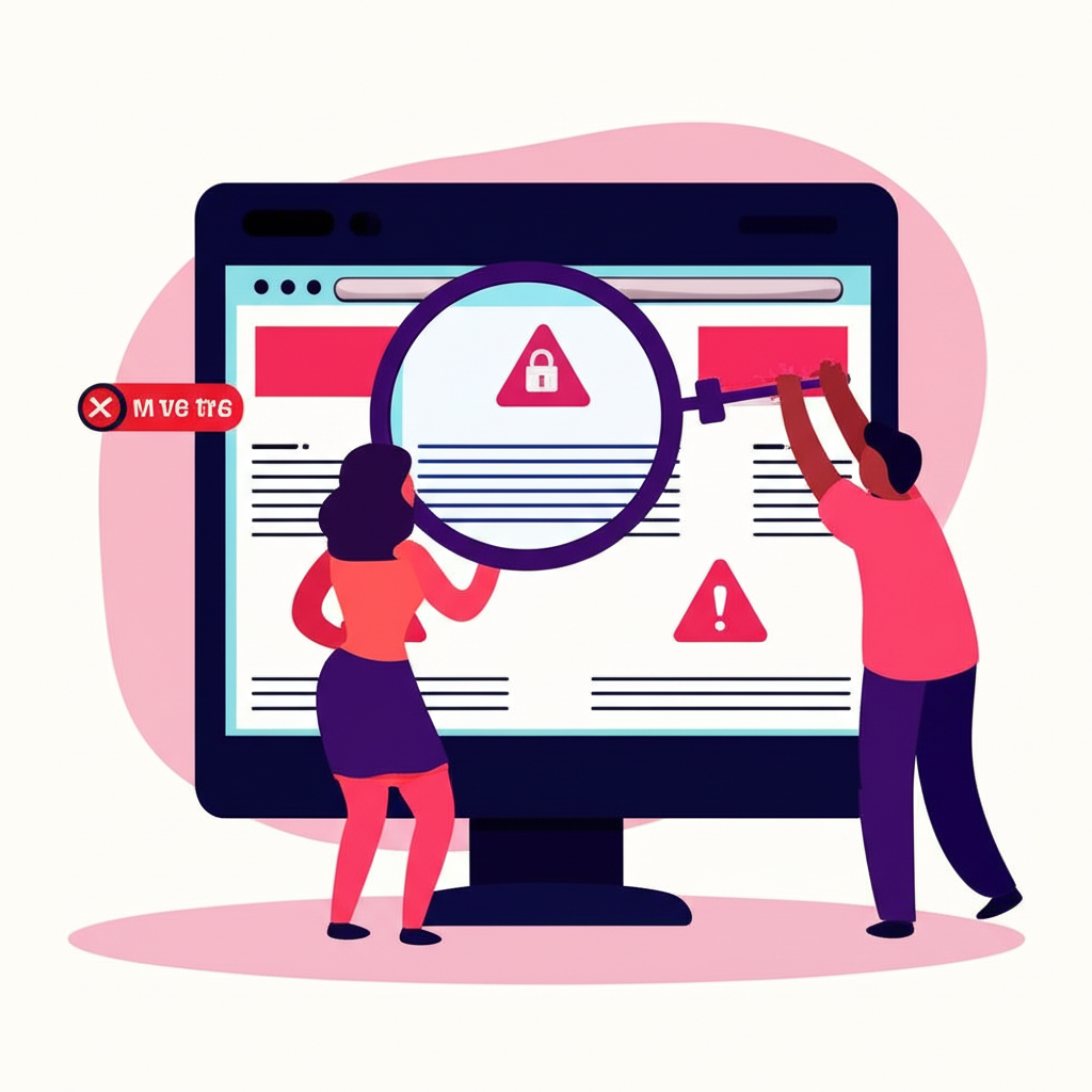 illustration of a person examining a suspicious website with a magnifying glass spotting warning signs