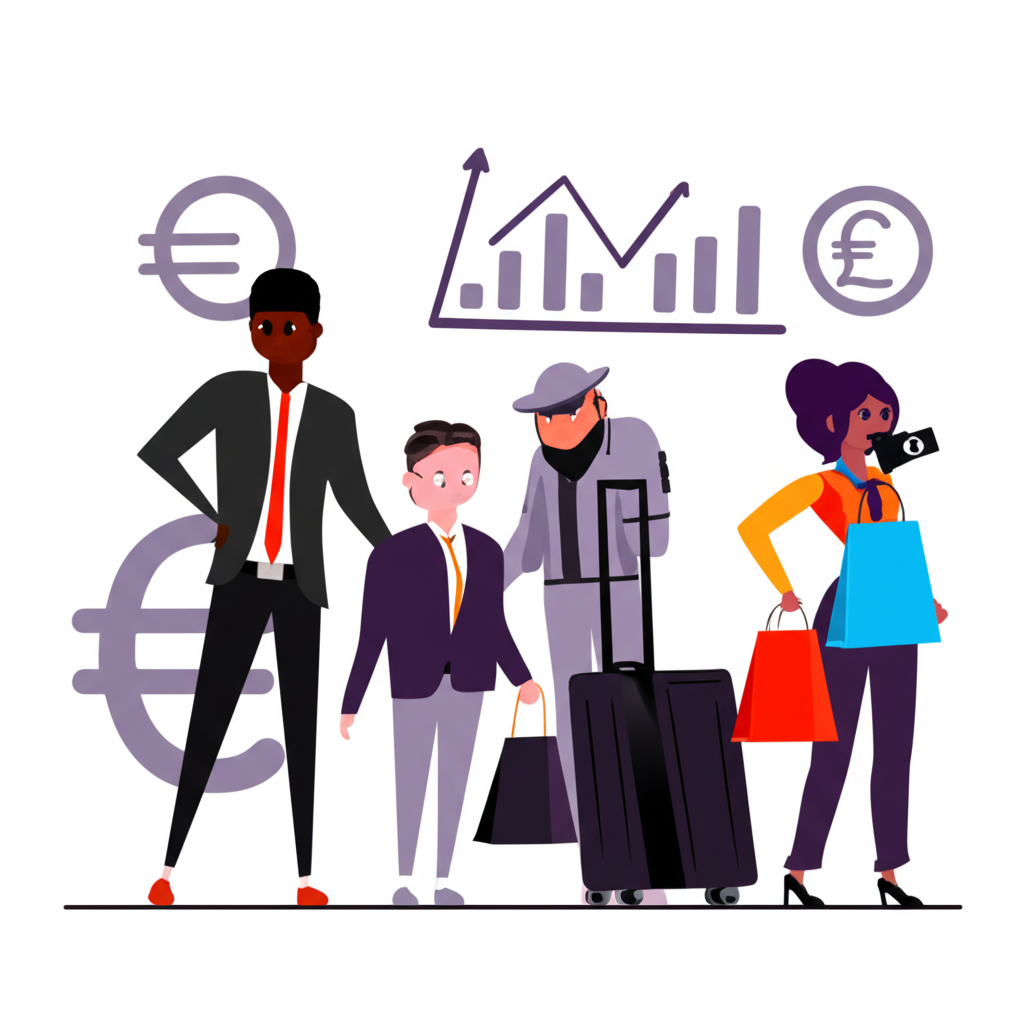 Illustration of diverse people including entrepreneurs, investors, tourists, and consumers influenced by currency exchange rates