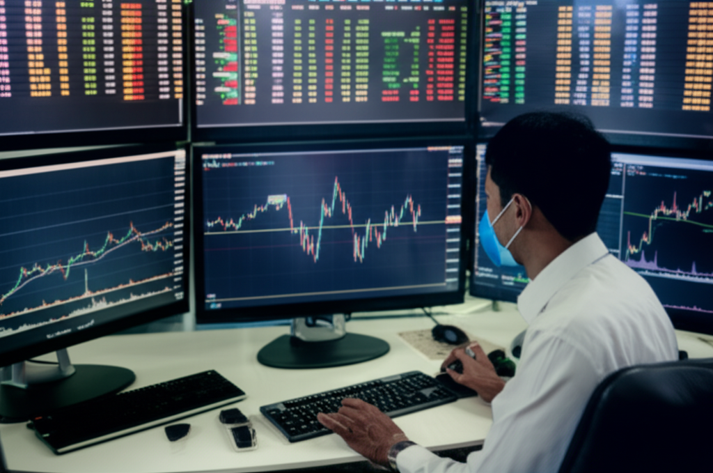 Thai investor analyzing a stock chart with a dragonfly doji a bullish signal in a modern trading room