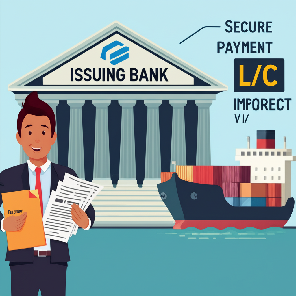 ภาพประกอบตึกธนาคารที่มีโลโก้ Issuing Bank นักส่งออกยิ้มถือเอกสาร และผู้นำเข้าที่มั่นใจยืนอยู่หน้าระหว่างทางเรือ แสดงถึงการชำระเงินที่ปลอดภัยผ่าน L/C