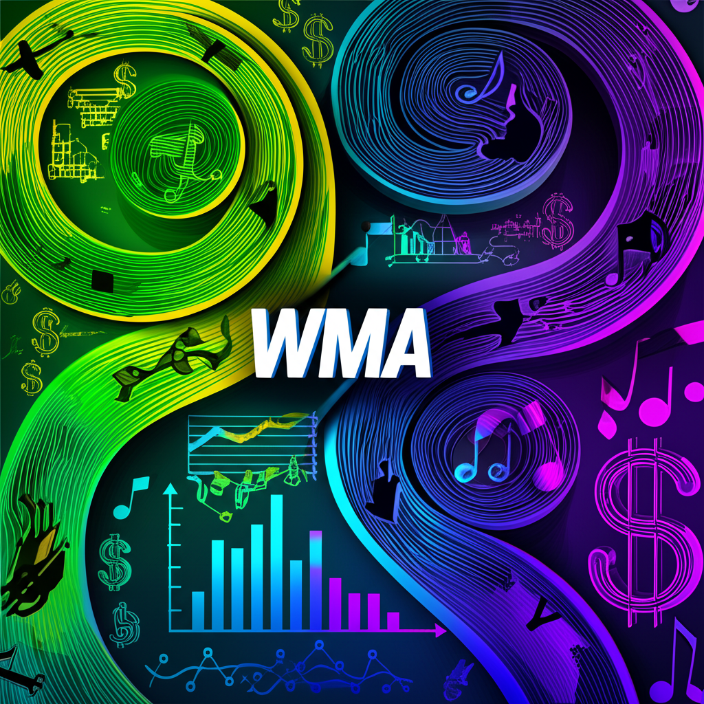 ภาพประกอบเส้นทางสองทางที่แสดงถึงการเงินและเสียงดิจิทัล โดยมีตัวอักษร WMA อยู่ตรงกลาง