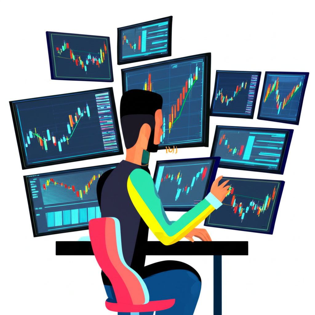 ภาพประกอบนักเทรดกำลังวิเคราะห์รูปแบบกราฟ Forex ซับซ้อนบนหน้าจ้าหลายตัวด้วยความมั่นใจและกลยุทธ์