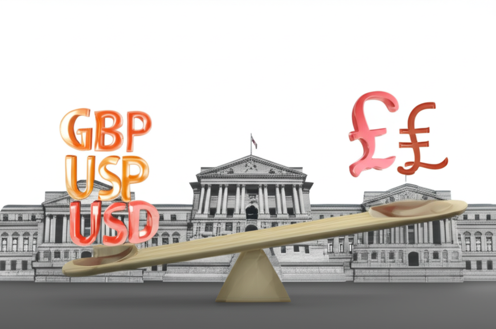 ภาพประกอบสัญลักษณ์ GBP/USD ที่สมดุลระหว่างธนาคารกลางสหรัฐและอังกฤษกับปัจจัยที่影响ค่าเงิน