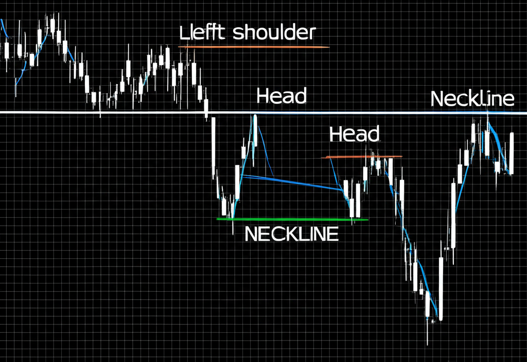 Illustration showing the four main components of an inverse head and shoulders pattern left shoulder head right shoulder and neckline clearly visible
