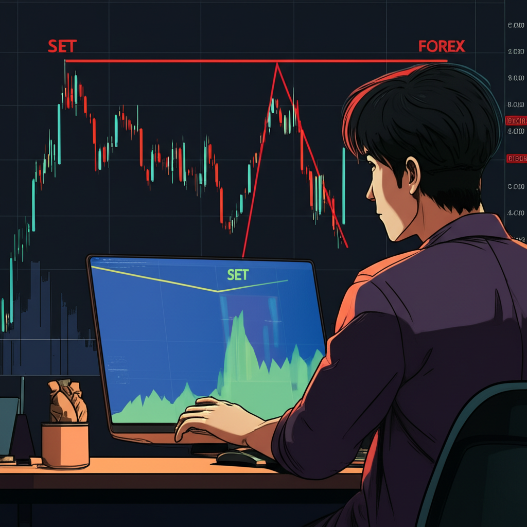 Illustration of a Thai trader analyzing a chart with an inverse head and shoulders pattern showing a bullish reversal in SET and Forex markets