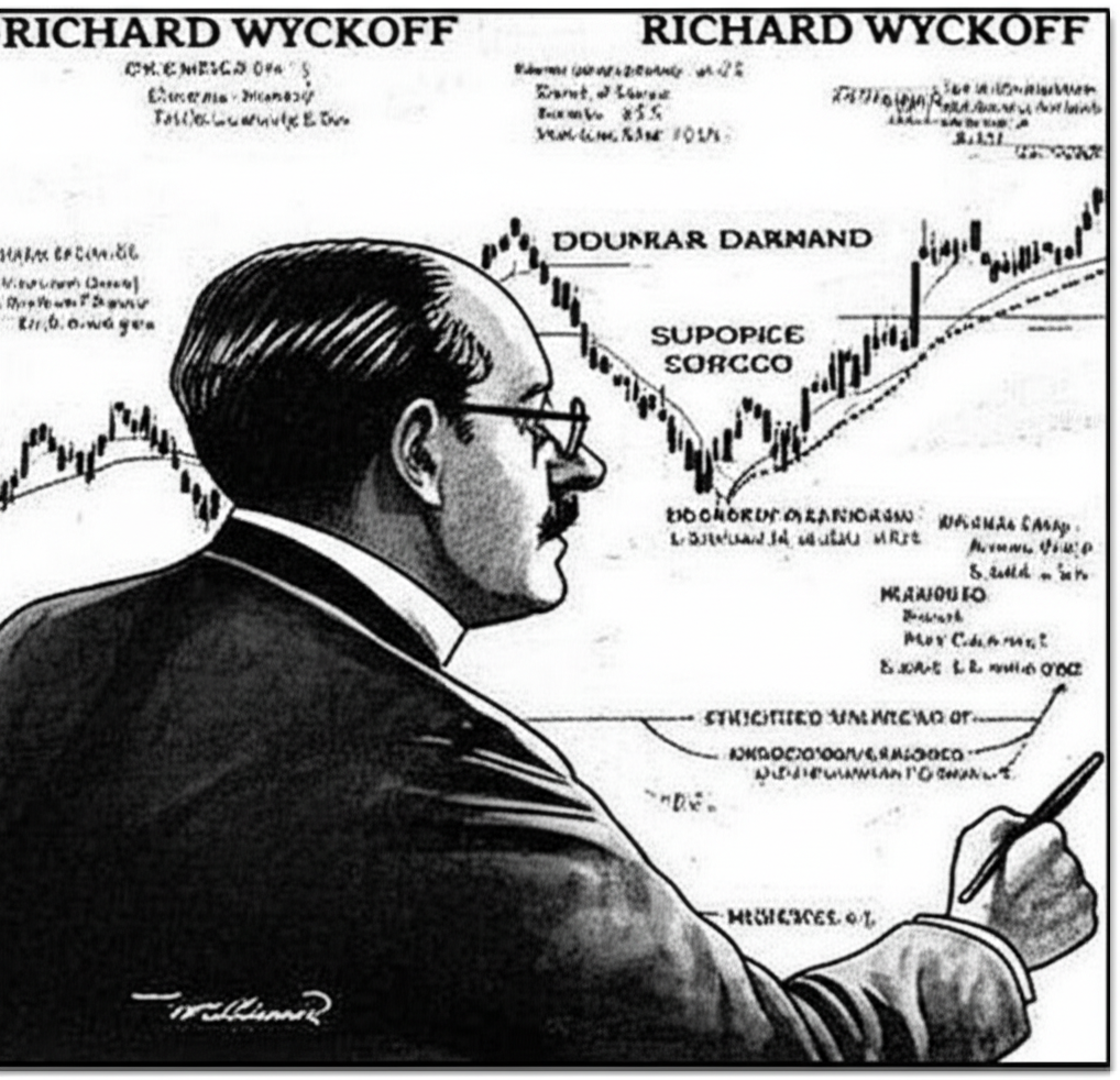 ภาพประกอบของ Richard Wyckoff กำลังสังเกตกราฟตลาดพร้อมกับพลวัตของอุปสงค์และอุปทาน