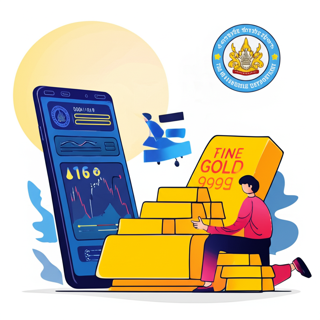 ภาพประกอบคนค้าทองคำบนแพลตฟอร์มดิจิทัลพร้อมโลโก้กรมสรรพากรไทย