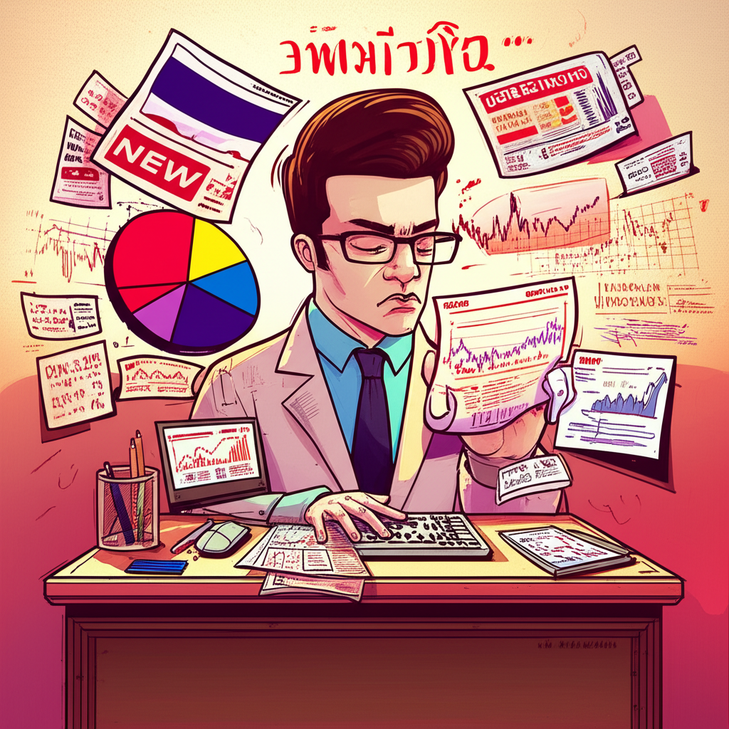 ภาพประกอบนักเทรดชาวไทยนั่งโต๊ะทำงานพร้อมกราฟและหัวข้อข่าวลอยรอบตัว