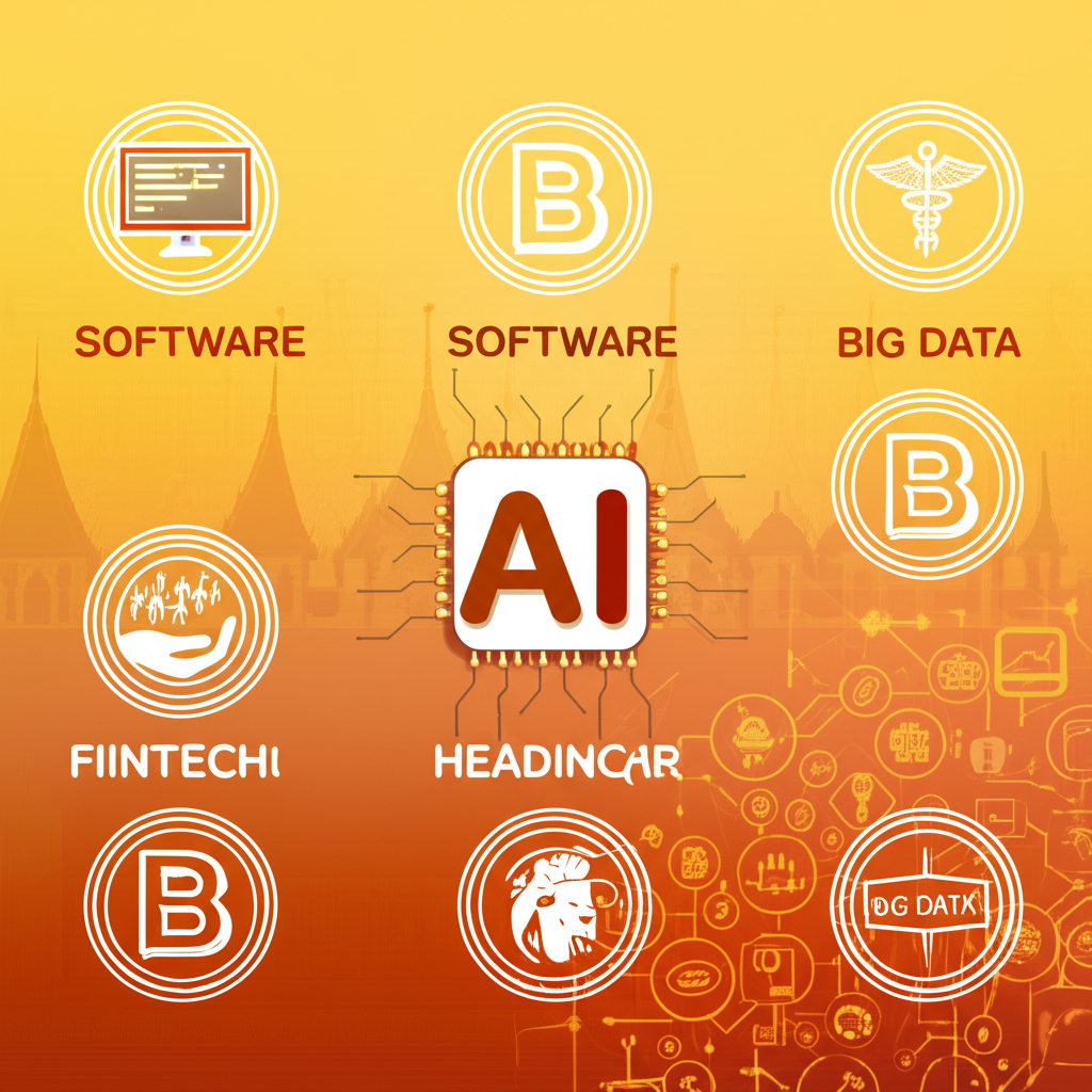 ภาพประกอบการประยุกต์ใช้ AI ต่างๆ เช่น ซอฟต์แวร์ ฮาร์ดแวร์ FinTech สุขภาพ Big Data ในบริบทไทย