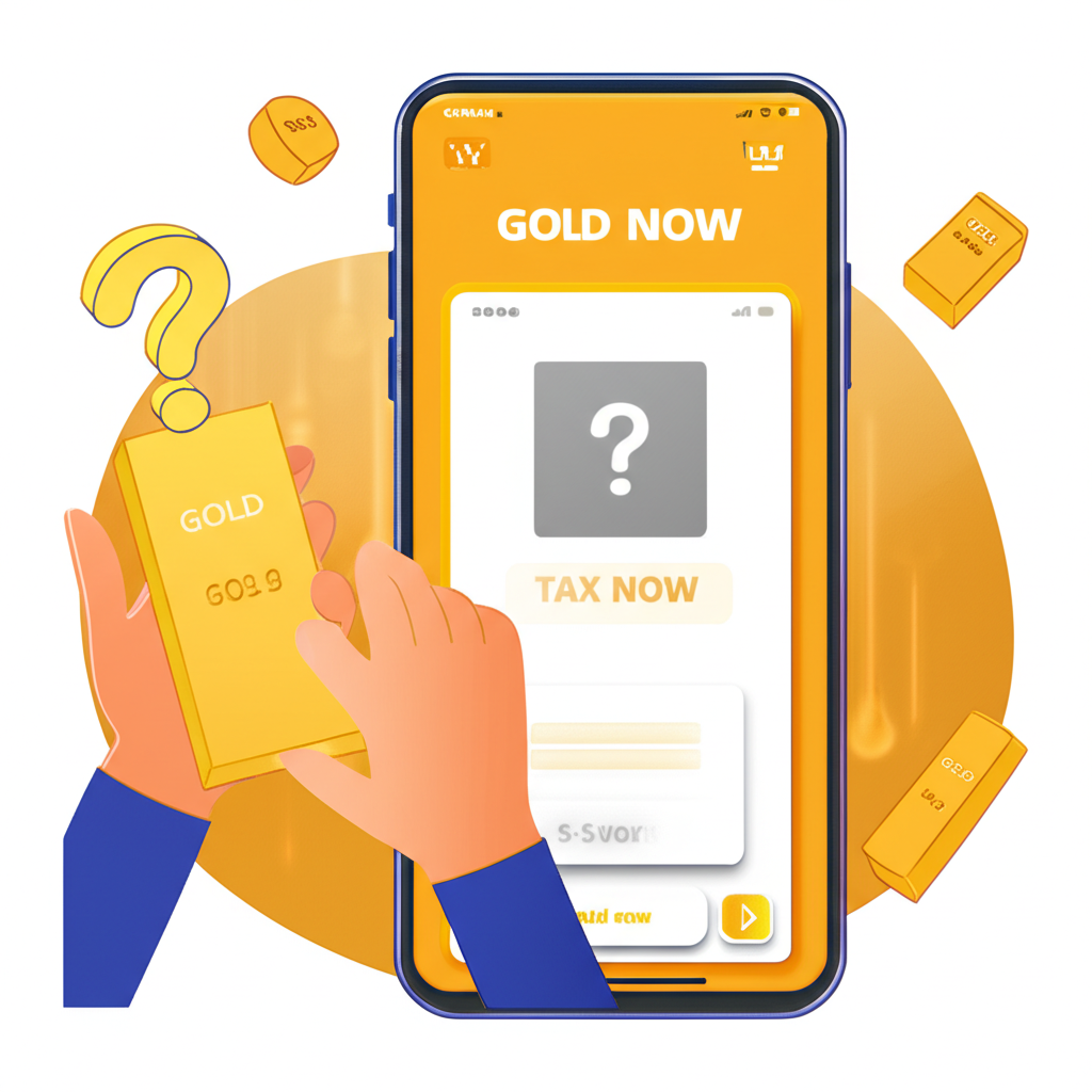 ภาพประกอบคนถือแท่งทองคำมองโทรศัพท์แอป Gold Now พร้อมเครื่องหมายคำถามเรื่องภาษี