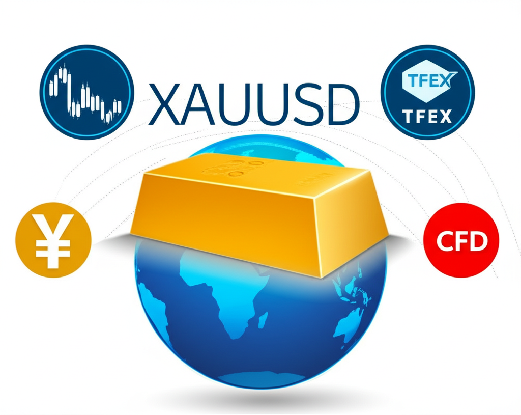ภาพประกอบเครื่องมือเทรดทองคำ แท่งทอง สัญลักษณ์ XAUUSD โลโก้ TFEX และไอคอน CFD รอบโลกแสดงตลาดระดับโลก