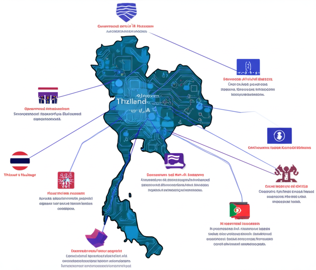 ภาพประกอบแผนที่ระบบนิเวศดิจิทัลของประเทศไทยแสดงการสนับสนุนจากรัฐบาลและบริษัท AI สำคัญ