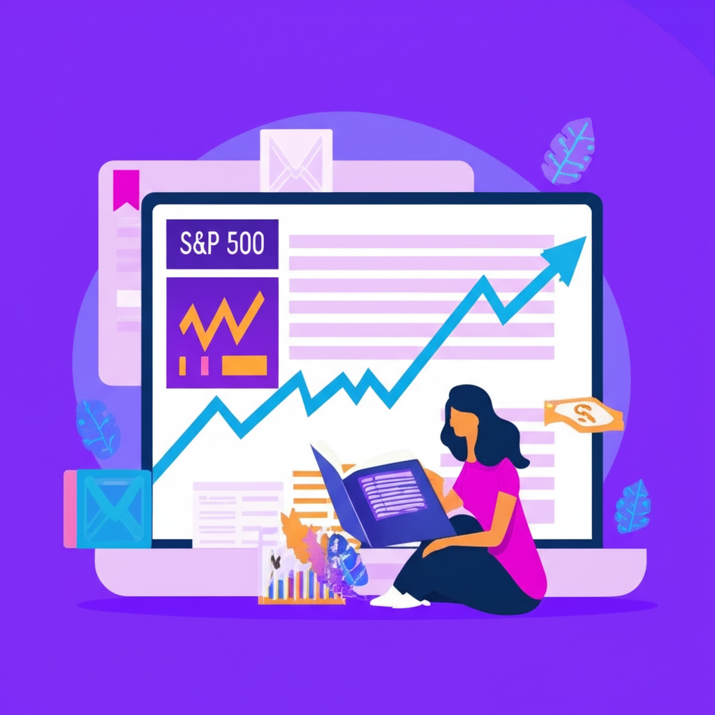 บุคคลกำลังศึกษาตลาดการเงินด้วยกราฟดัชนี S&P 500 ขนาดใหญ่และหนังสือ