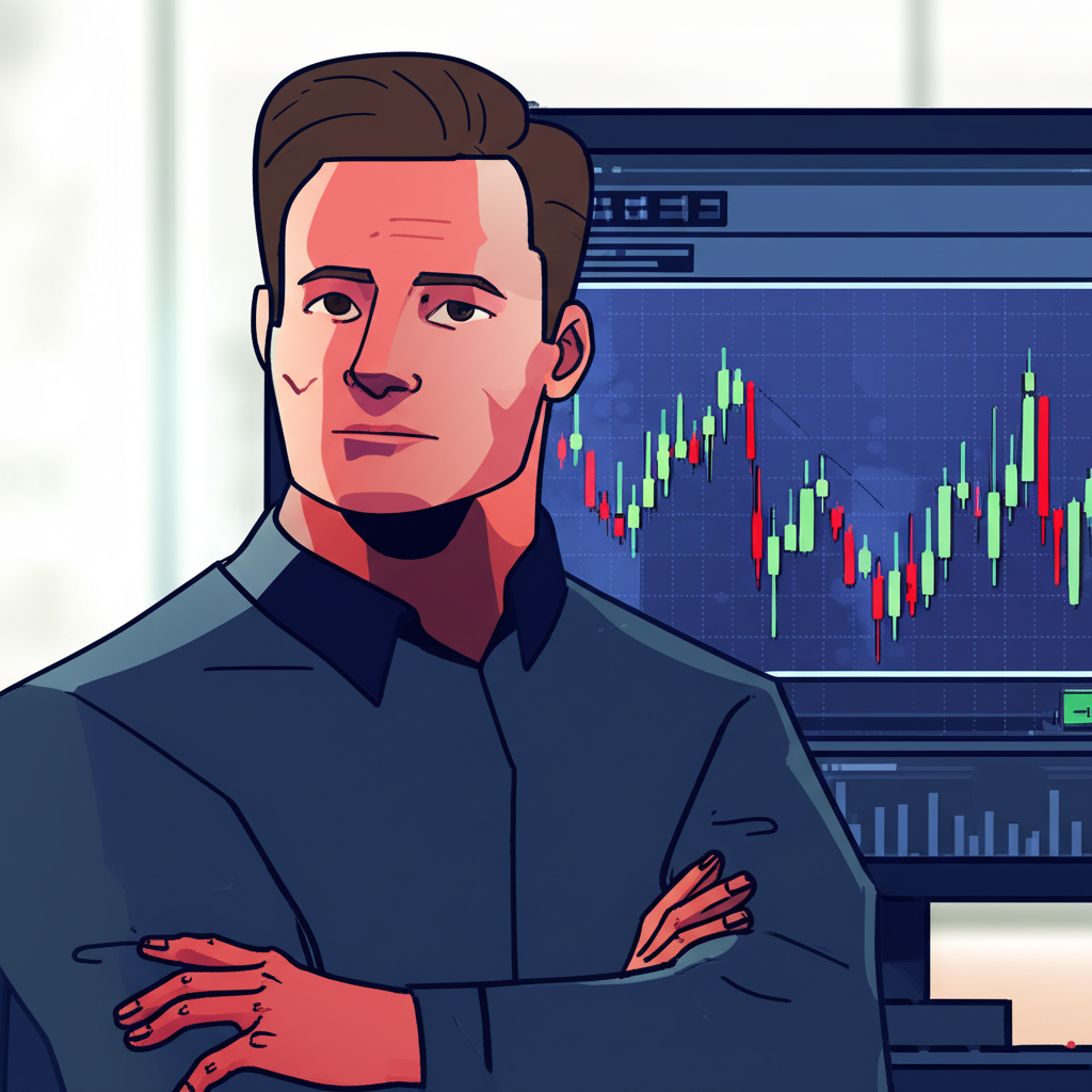 An illustration of a focused trader analyzing a chart with a head and shoulder pattern looking confident