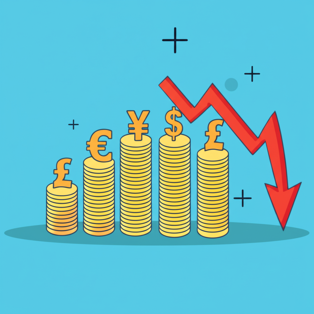Global currencies illustration showing a declining dollar and rising alternative currencies