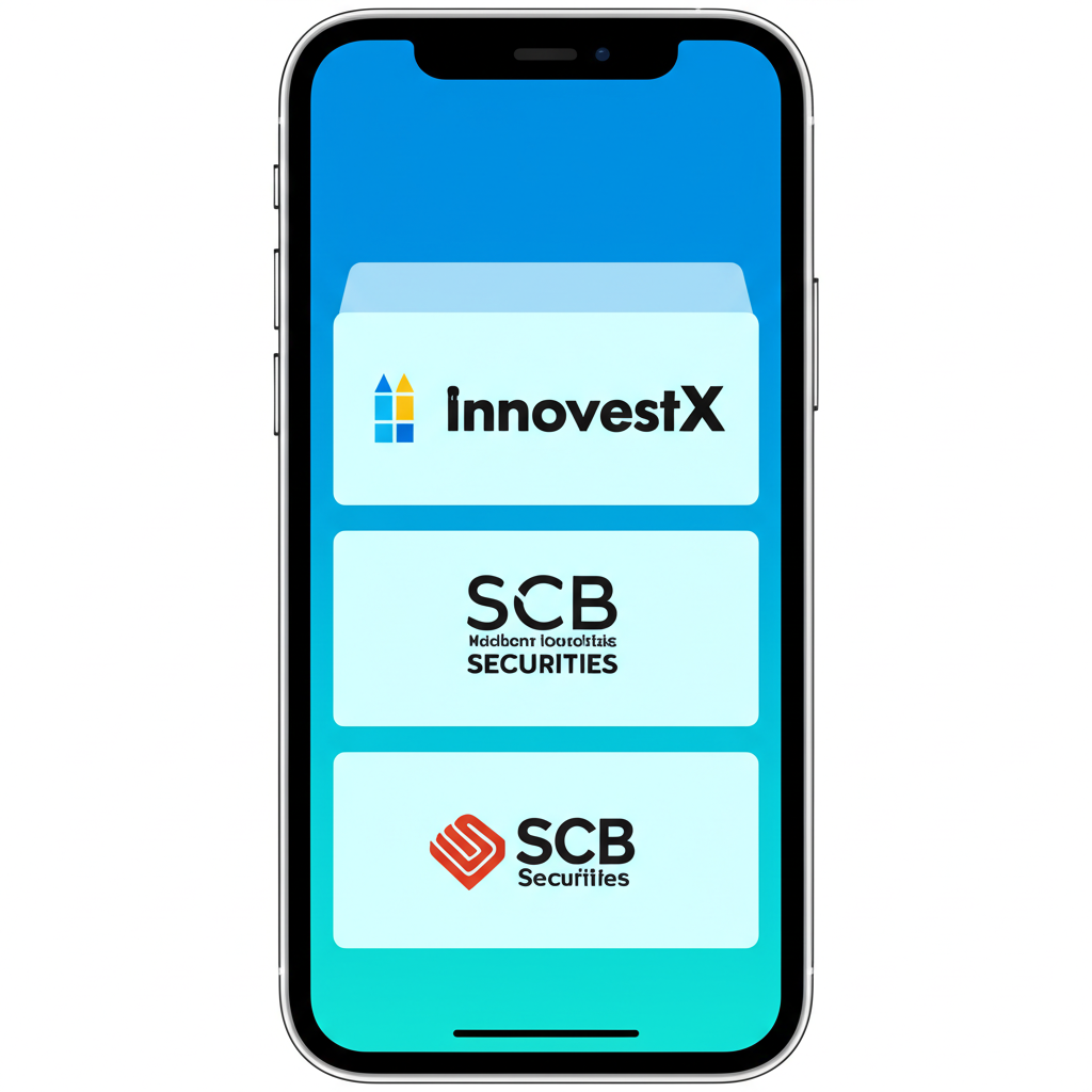 Smartphone screen showing Thai brokerage apps like InnovestX, Kasikorn Securities, SCB Securities for global stocks
