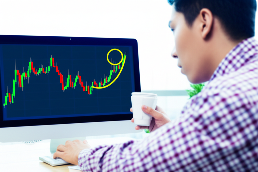 Thai trader analyzing cup and handle pattern on stock chart