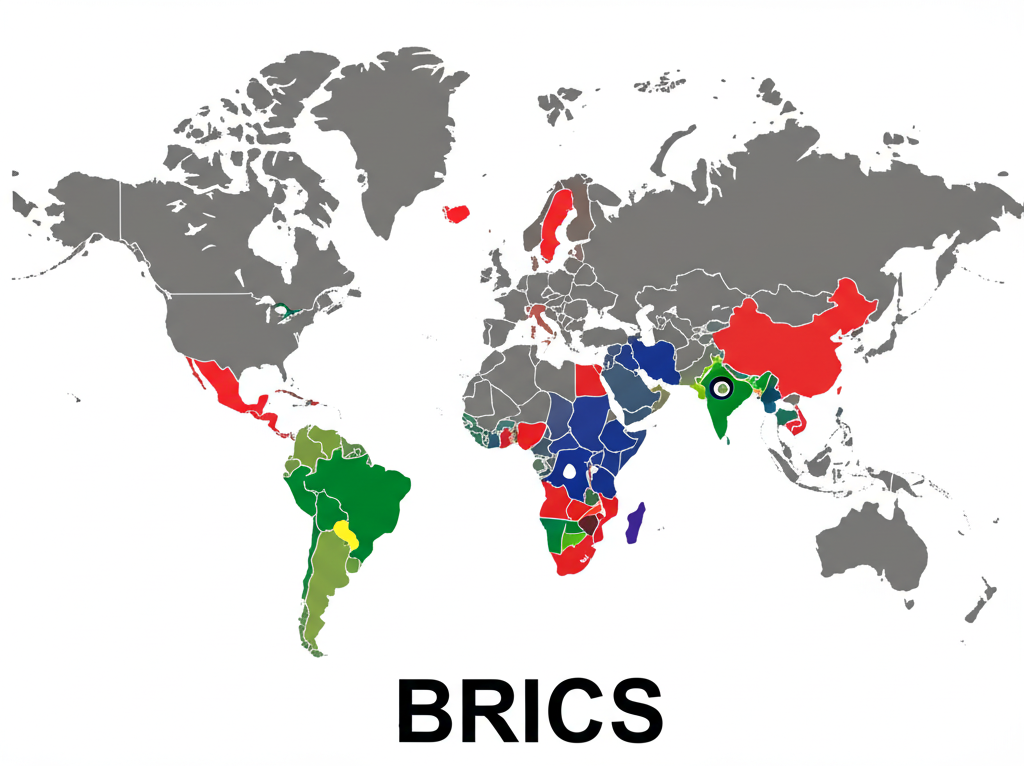 BRICS flags illustration with a world map showing economic influence