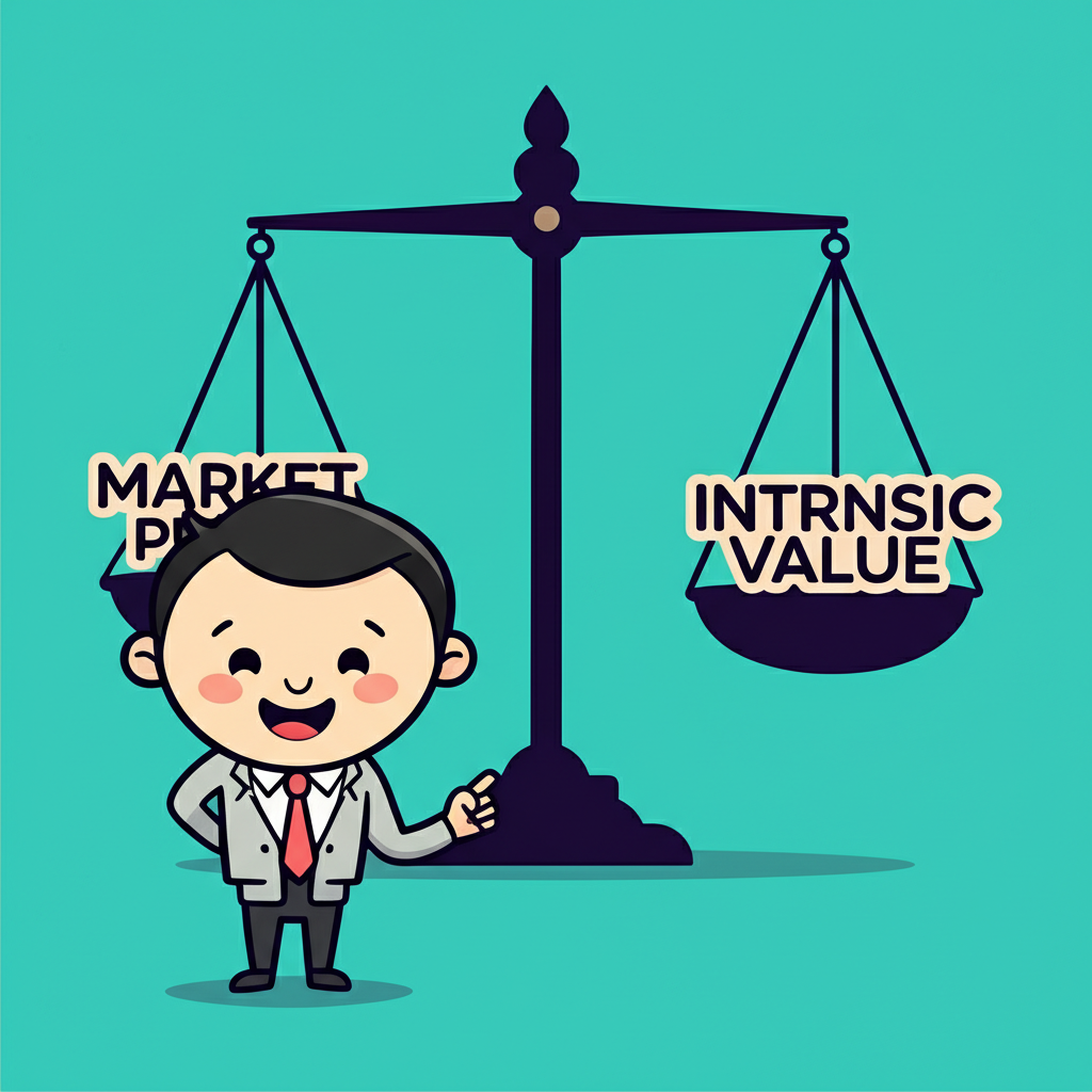 Scales balancing market price lower than intrinsic value with happy value investor illustration