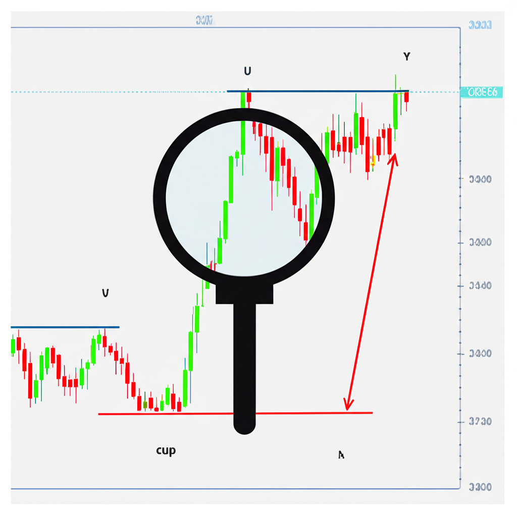 Magnifying glass on cup and handle pattern in stock chart