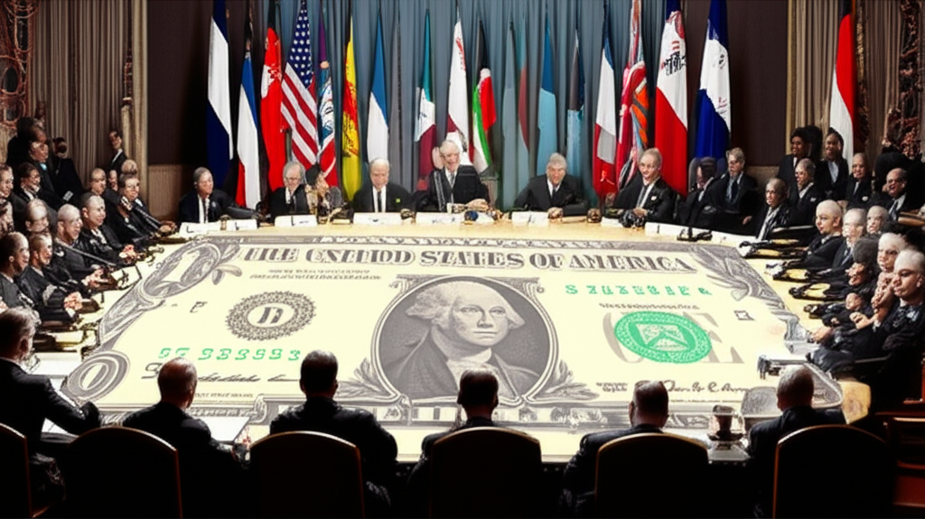 Historical illustration of the Bretton Woods conference and dollar dominance