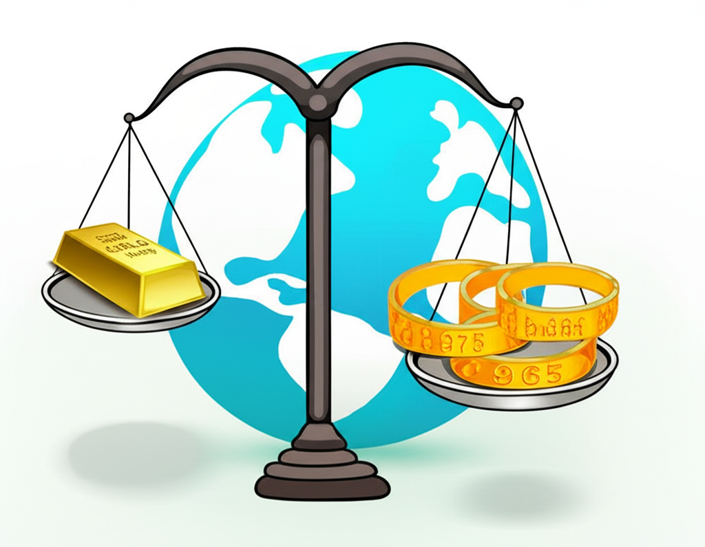 Illustration of gold bar with 96.5% purity and Baht gold scale on global map