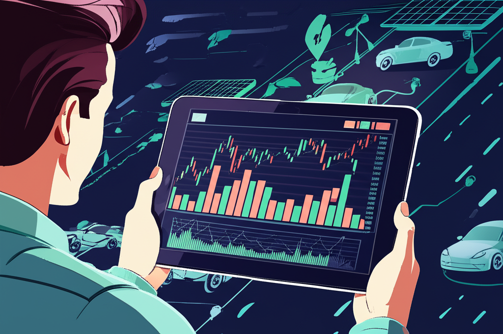 Thai investor analyzing Tesla stock chart with electric cars and clean energy background