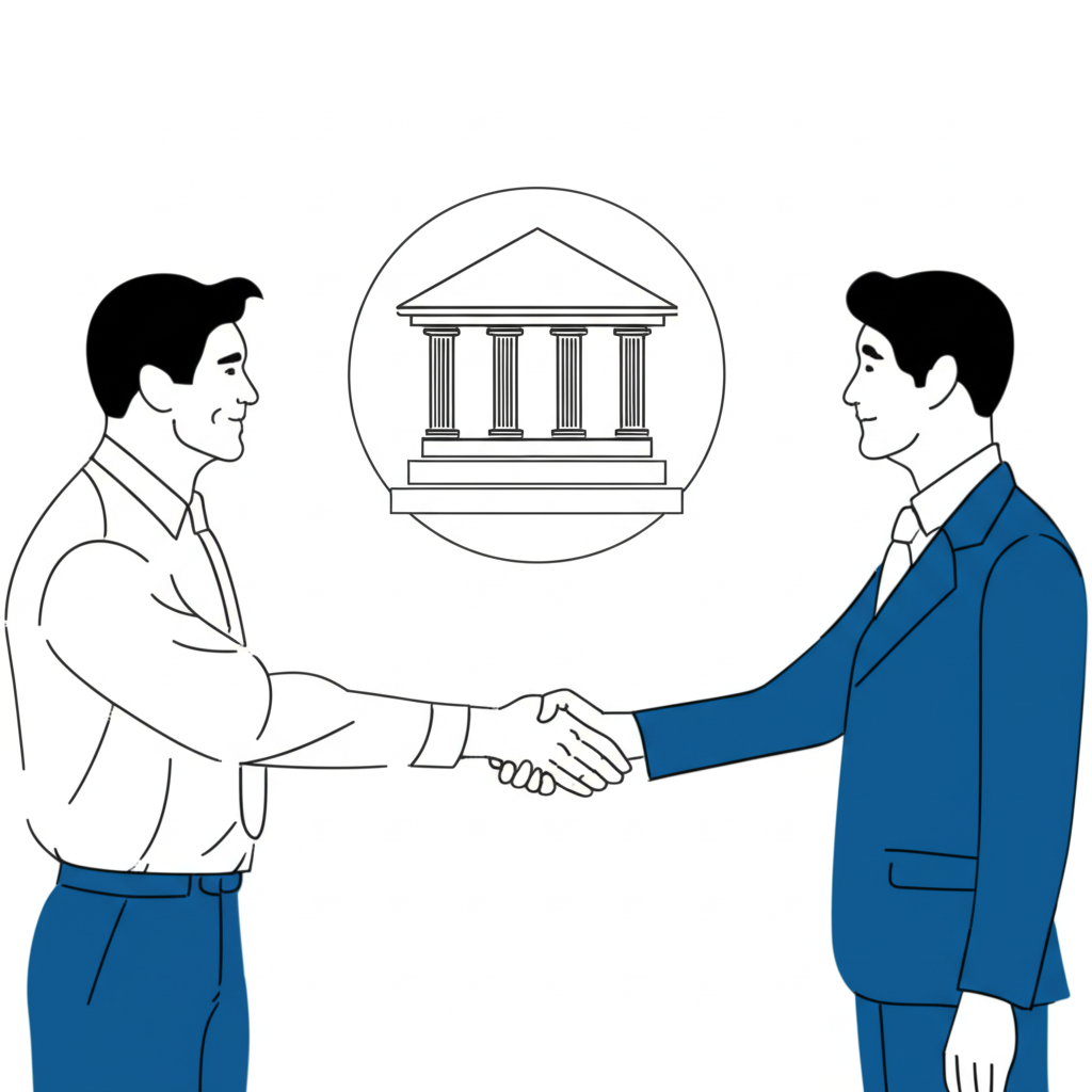 Illustration of buyer and seller shaking hands with a bank icon in the center symbolizing trust and risk reduction