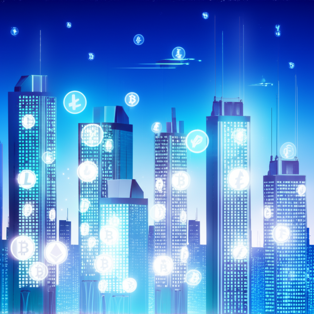 未來城市天際線與數位貨幣符號整合的插圖