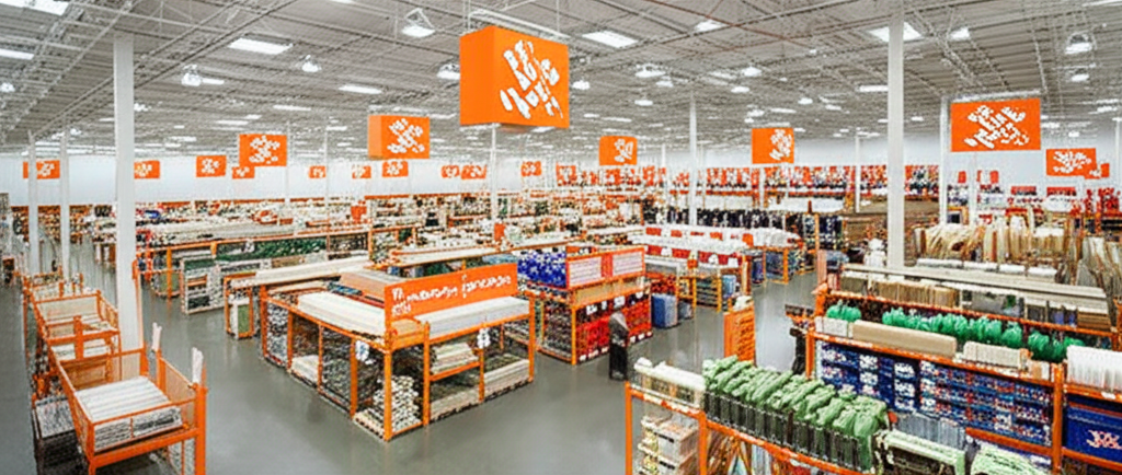 A vast Home Depot store interior with diverse products for home improvement and gardening illustration