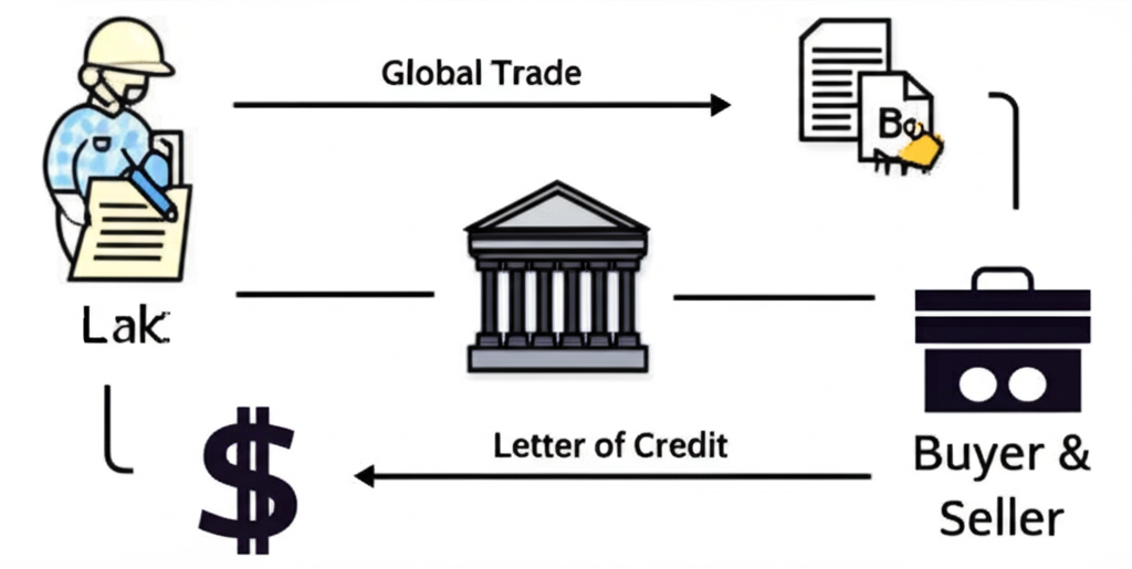 Illustration of a bank issuing L/C between buyer and seller in global trade a secure financial tool