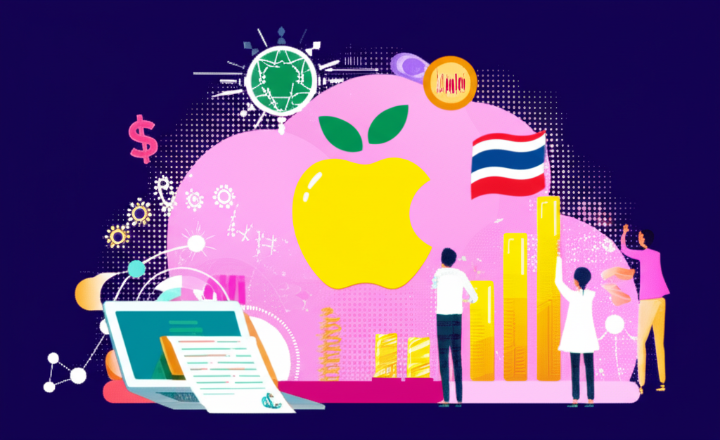 Thai investors examining Apple stock charts with innovation symbols and financial growth