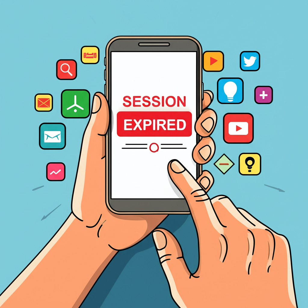 illustration of a person frustrated by a session expired message on a phone surrounded by app icons