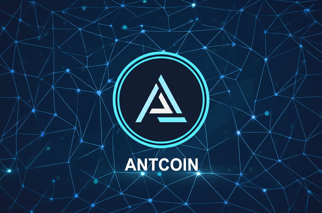 Antcoin 標誌與區塊鏈技術及財務圖表背景的插圖