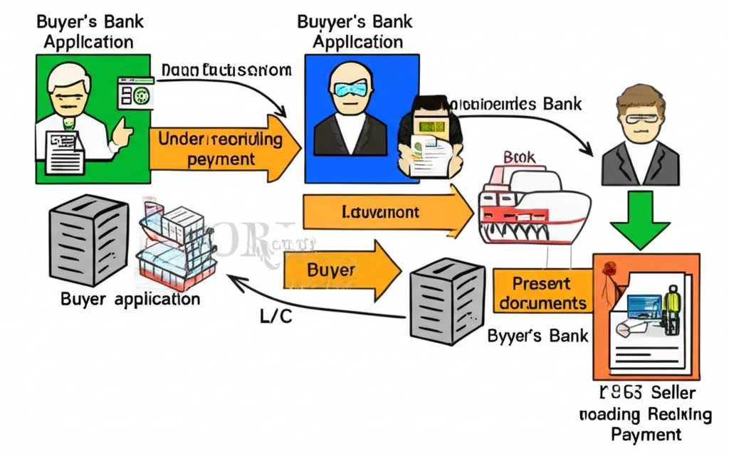 Illustration showing the L/C process from buyer application to bank sending documents and seller receiving payment
