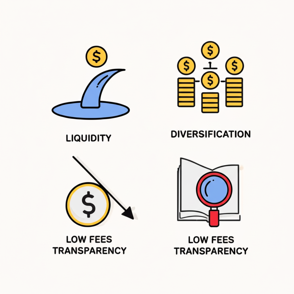 ภาพประกอบคุณสมบัติหลักสี่ประการของ ETF: สภาพคล่อง การกระจายความเสี่ยง ค่าธรรมเนียมต่ำ และความโปร่งใส