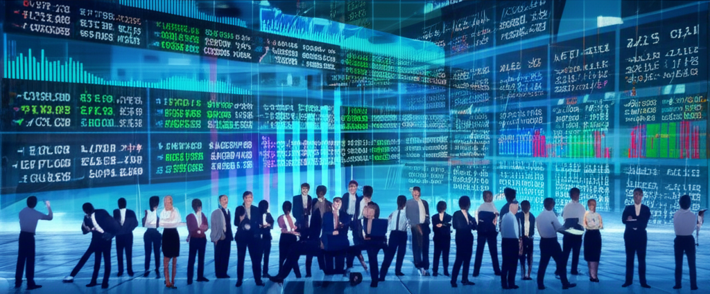 全球外匯市場交易插圖,展示EUR/USD和USD/JPY等貨幣對在螢幕上交易,周圍環繞銀行家和投資者,以及經濟數據圖表