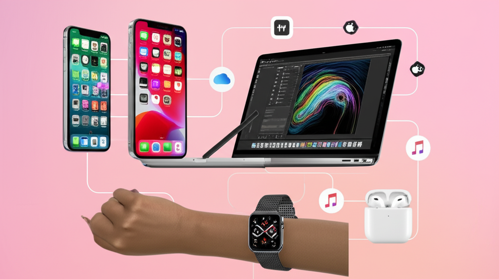 An illustration of Apple ecosystem with iPhone Mac iPad Apple Watch AirPods and various service icons