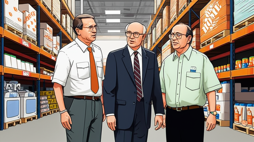 Three founders Bernie Marcus Arthur Blank Ken Langone starting Home Depot in a large warehouse store illustration