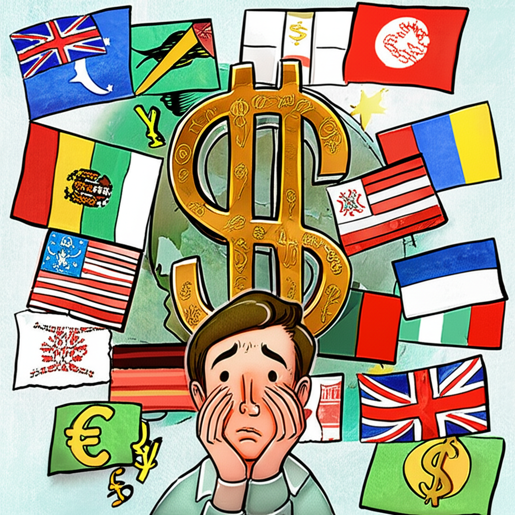An illustration of a person confused by the dollar sign surrounded by different country flags and currency symbols representing global finance and trade