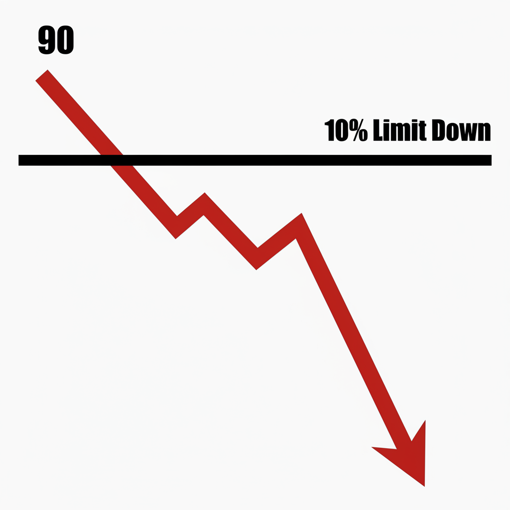 An illustration of a stock chart showing a price dropping from 100 to 90 with a clear 10% limit down line indicating no further trading below this price