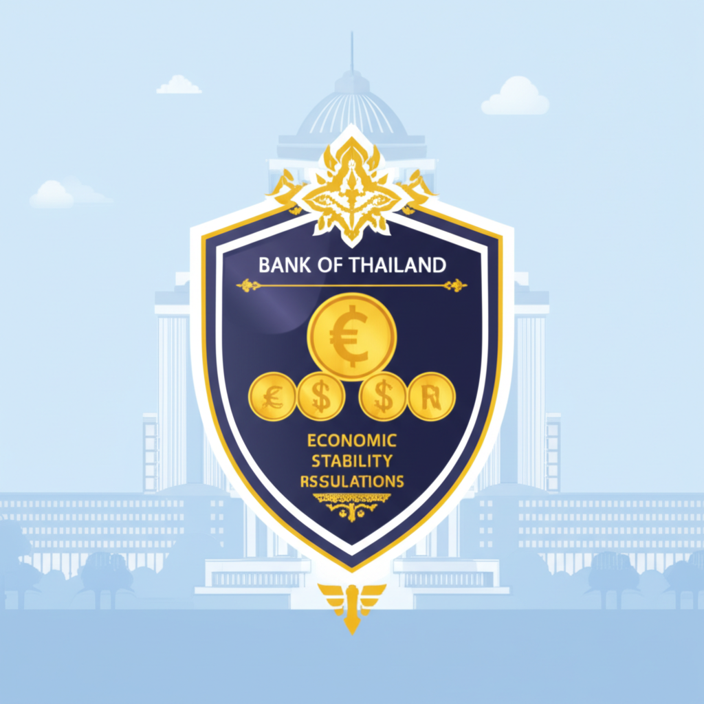 ภาพประกอบของอาคารธนาคารแห่งประเทศไทยพร้อมโล่ป้องกันความมั่นคงทางเศรษฐกิจไทยและกฎระเบียบค่าเงิน