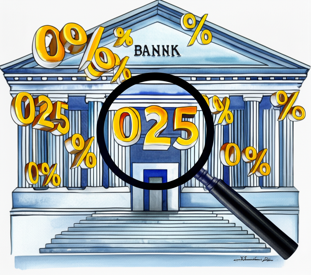 中央銀行建築與浮動的0.25%數字及百分比符號,放大鏡聚焦於利率變動