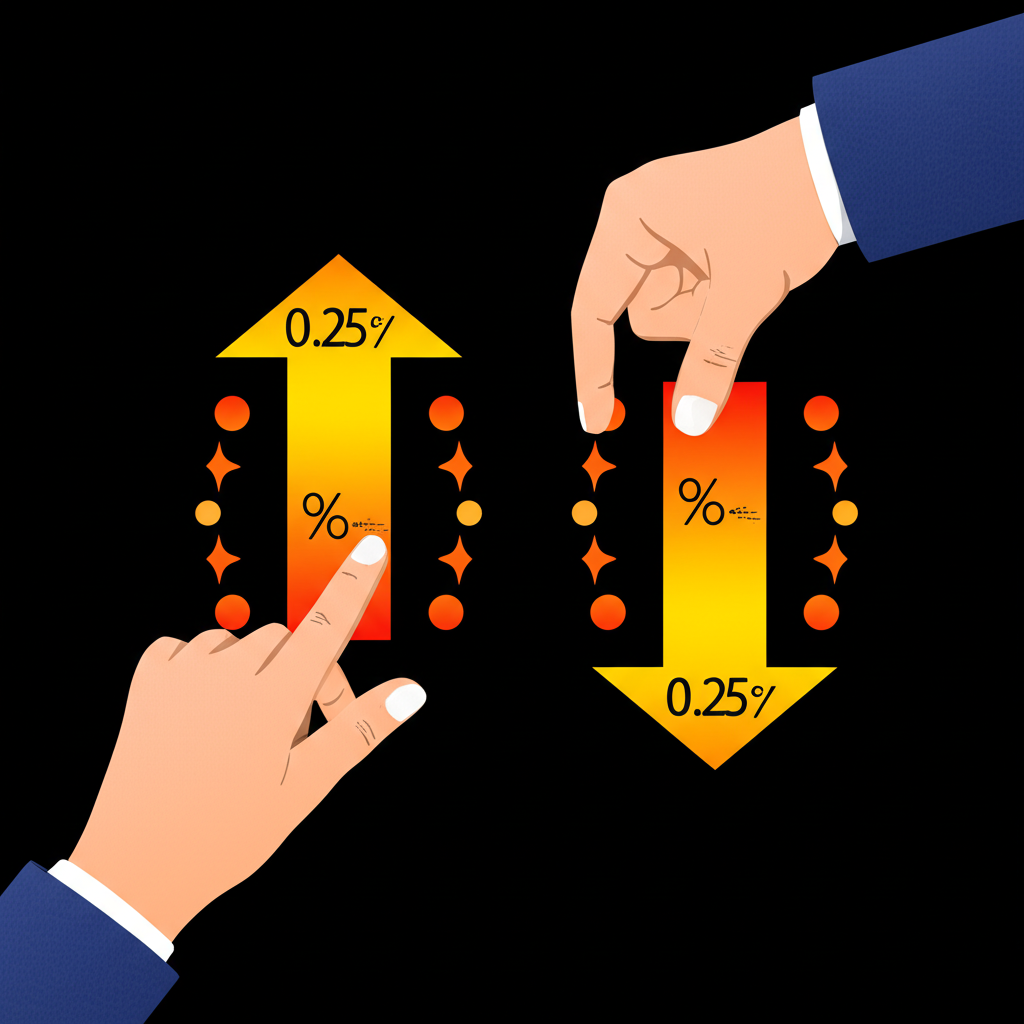 房貸上升、存款增加、股市波動與匯率變化的圖示,受利率0.25%變動影響