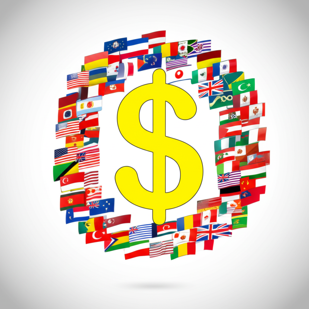 An illustration of the dollar sign with many different country flags and currency codes around it emphasizing its global use beyond USD
