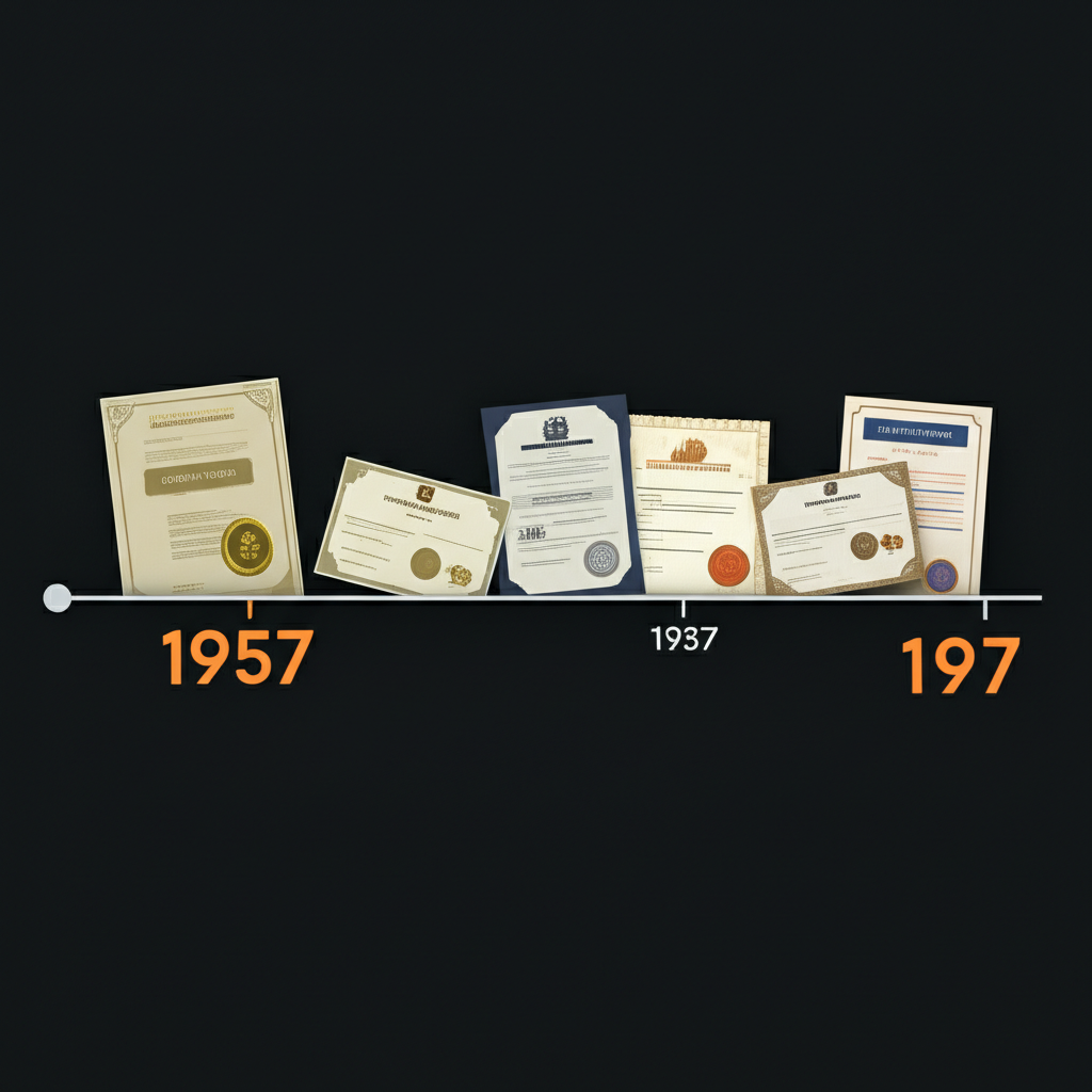 ภาพประกอบไทม์ไลน์ประวัติศาสตร์ที่ระบุการก่อตั้ง S&P 500 ในปี 1957 พร้อมหุ้นบริษัทขนาดใหญ่