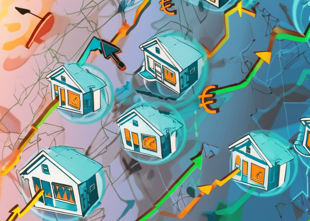動態金融市場插圖,顯示利率變化箭頭與全球經濟符號如何影響房屋和投資圖表